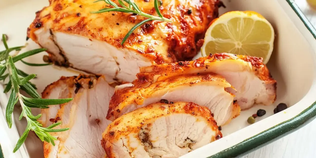 Pieczony filet z indyka, pokrojony w plastry, z rozmarynem i cytryną. Idealny pomysł, co zrobić z fileta z indyka na szybko.