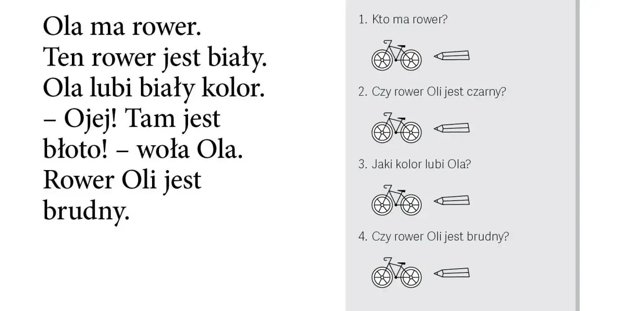 Ćwiczenie do nauki czytania ze zrozumieniem: tekst o Oli i jej rowerze, pytania sprawdzające zrozumienie, obrazki rowerów.