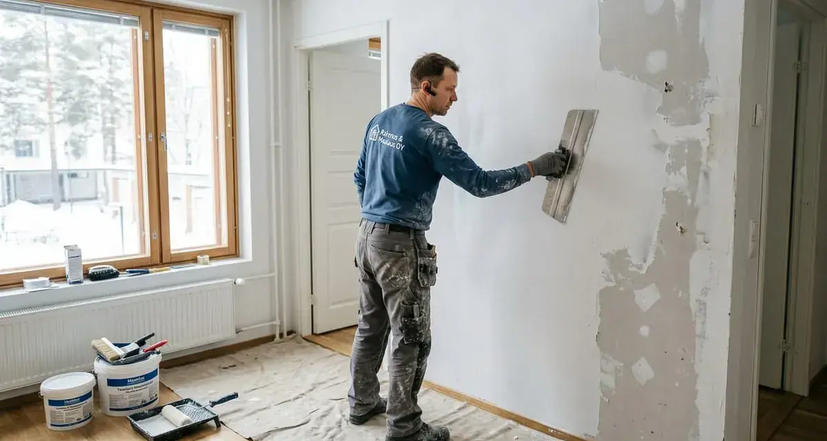 Man spacklar en vägg med spackel och bredspackel. Verktyg och spackelburkar står på golvet.