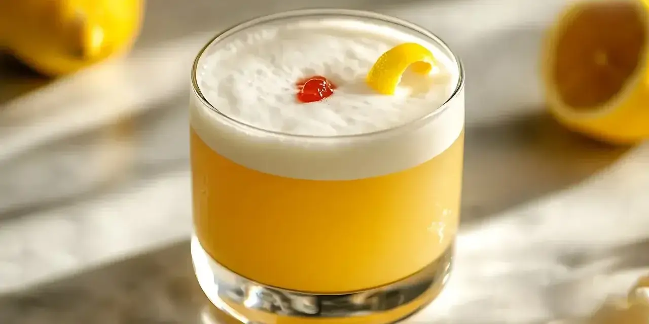 Klasyczny whisky sour przepis: orzeźwiający koktajl z pianką, cytryną i wisienką. Idealny na każdą okazję.