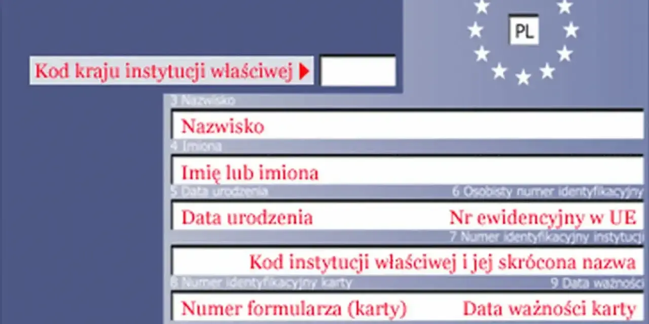 Europejska Karta Ubezpieczenia Zdrowotnego, potwierdzająca przynależność do NFZ. Zawiera dane osobowe i numer identyfikacyjny.