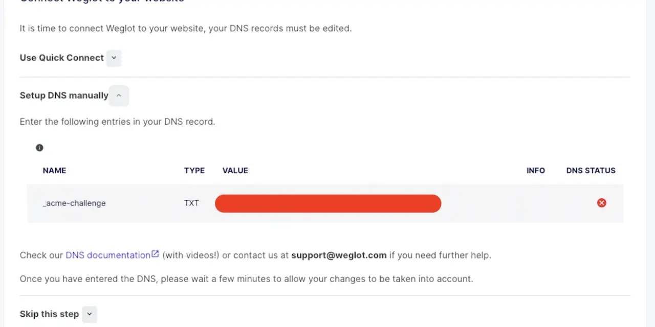 Manuelle Einrichtung des DNS-Eintrags für die Website-Verbindung. Ein TXT-Eintrag wird angezeigt.