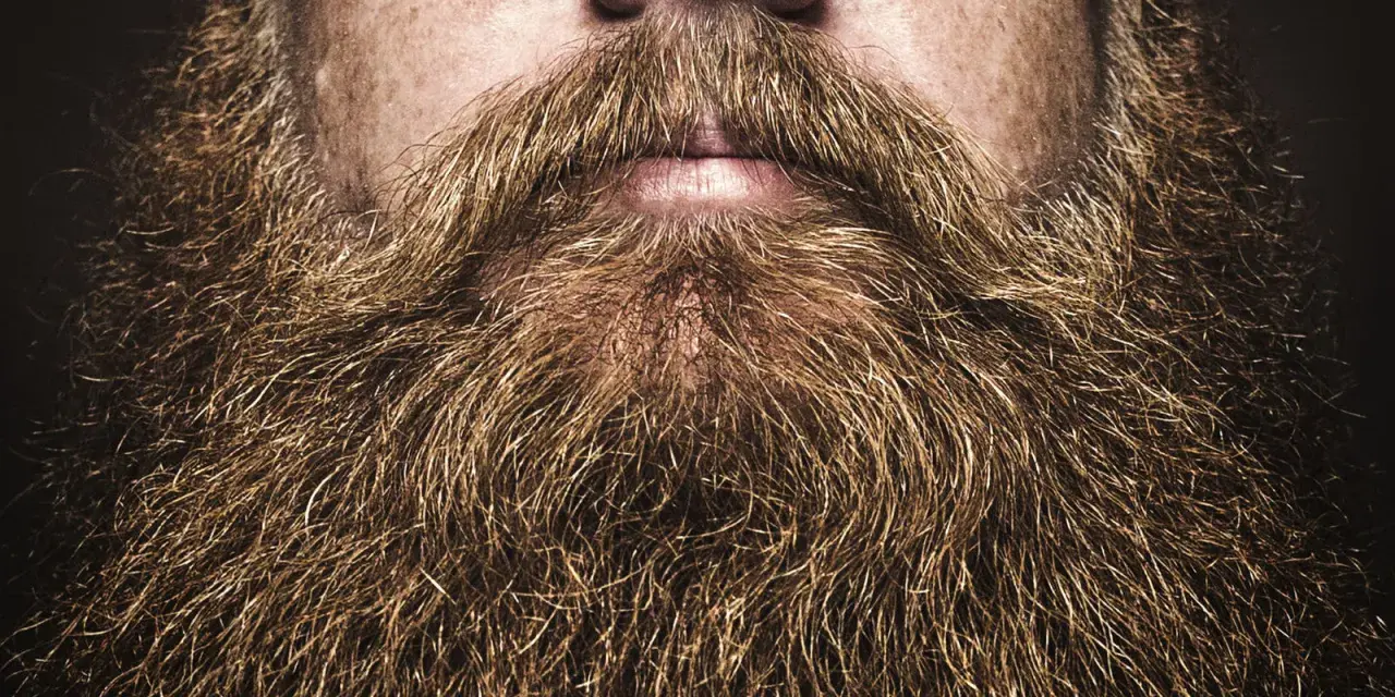 Primer plano de unas barbas hipster voluminosas y doradas, con un bigote tupido sobre unos labios entreabiertos.