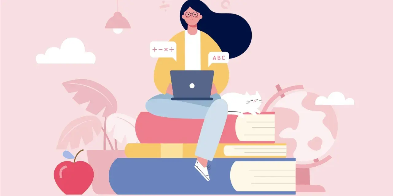 Ragazza studia online con laptop, circondata da libri, un gatto e un globo. Capire mooc cosa sono è facile con questo apprendimento digitale.