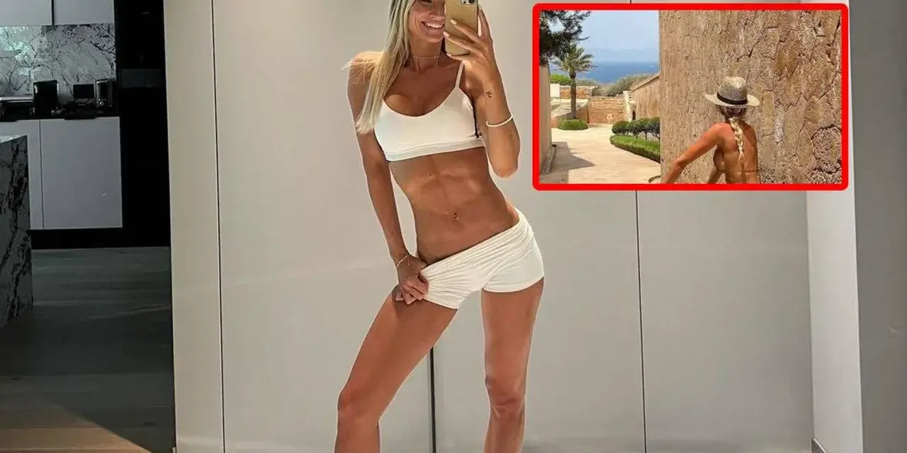 Agata Sieramska pozuje w białym sportowym komplecie, prezentując wyrzeźbiony brzuch. W małym kadrze widać ją w słomkowym kapeluszu na tle śródziemnomorskiego krajobrazu.