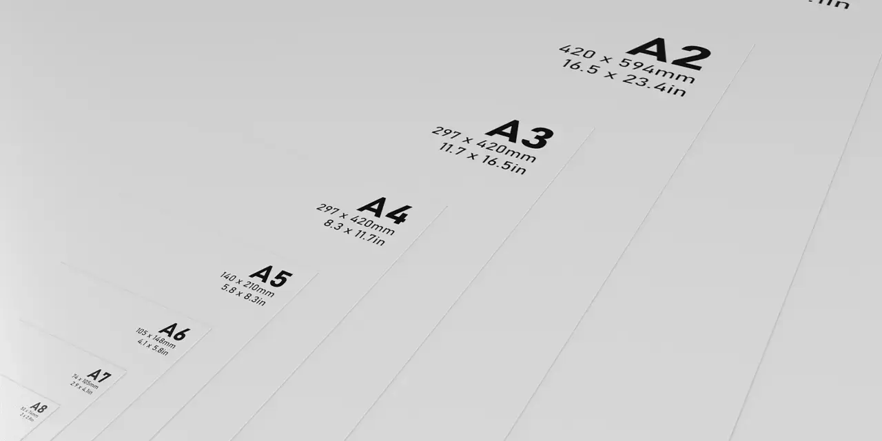 Series de tamaños de papel A, desde A1 hasta A8, mostrando la progresión de cada mida foli.