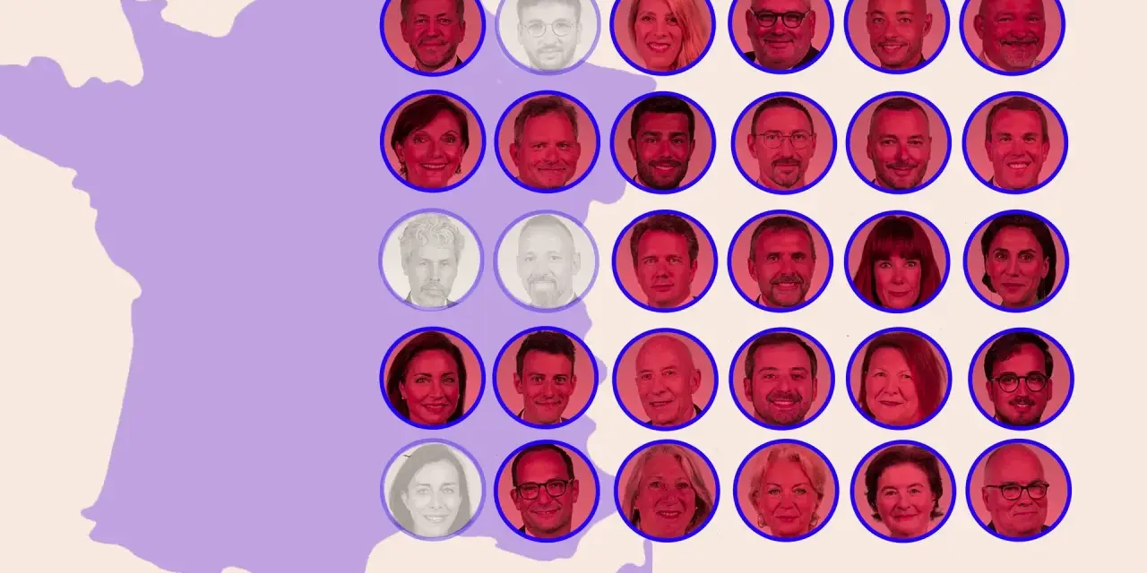 Portraits de membres d'un groupe allemand connu en France, disposés sur une carte stylisée de la France.