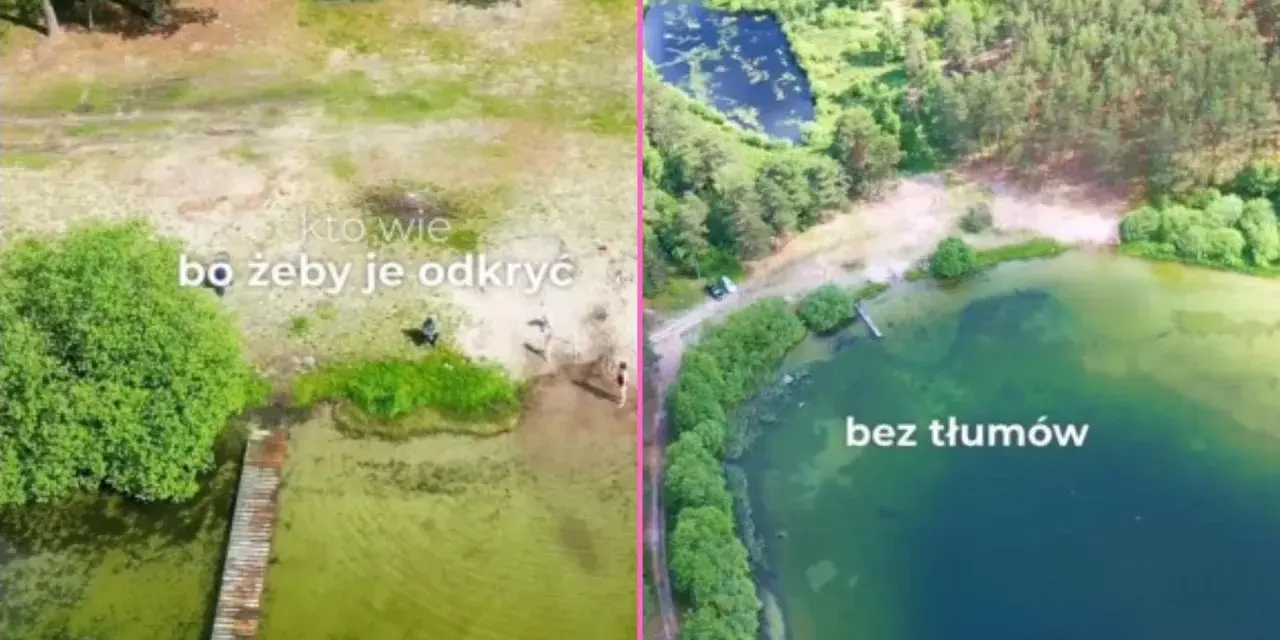 Dwa ujęcia Mazur: z lewej piaszczysta plaża i pomost, z prawej zielone jezioro, najczystsze jezioro na Mazurach, bez tłumów.