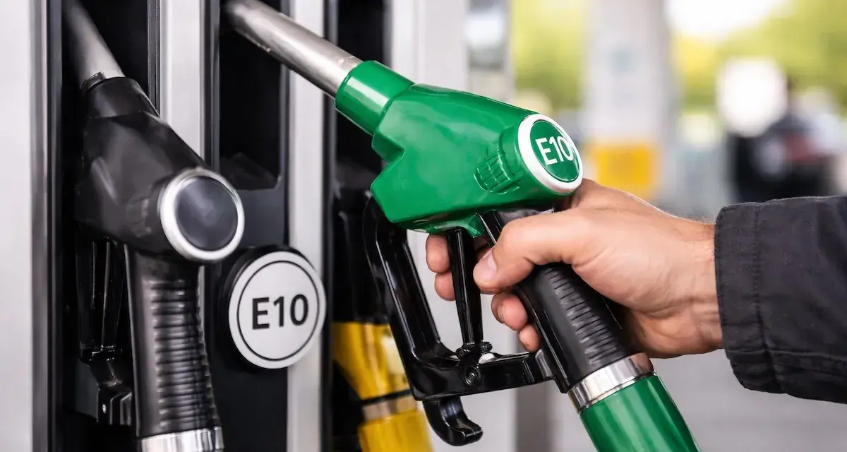 Mano che impugna una pompa di benzina verde con etichetta E10, pronta per fare rifornimento di benzina 95 ottani.