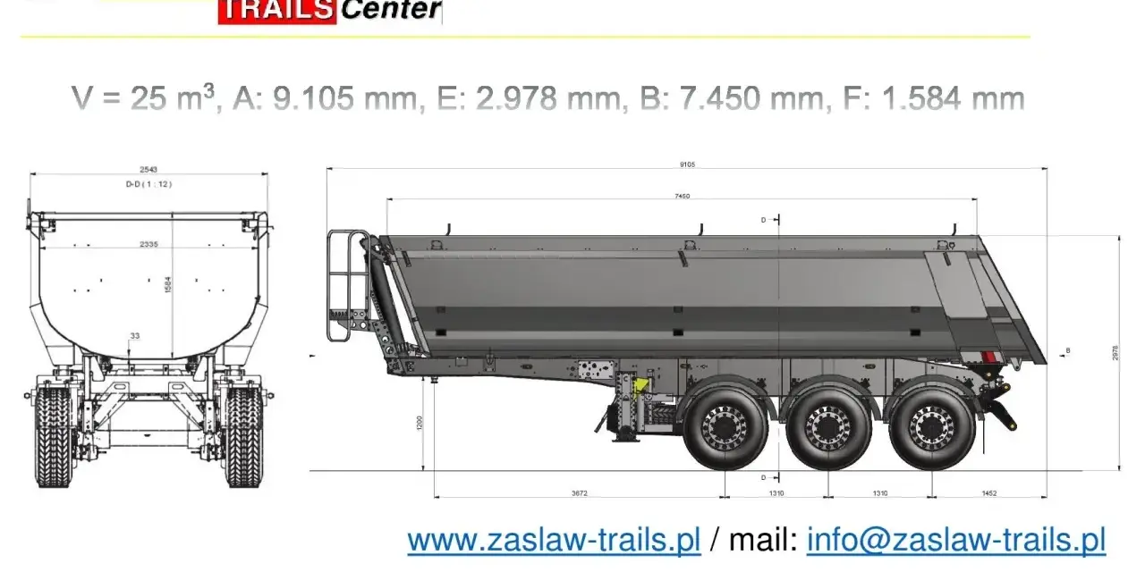 Rysunek techniczny naczepy ZASŁAW z wymiarami: V=25m³, A=9105mm, E=2978mm, B=7450mm, F=1584mm.