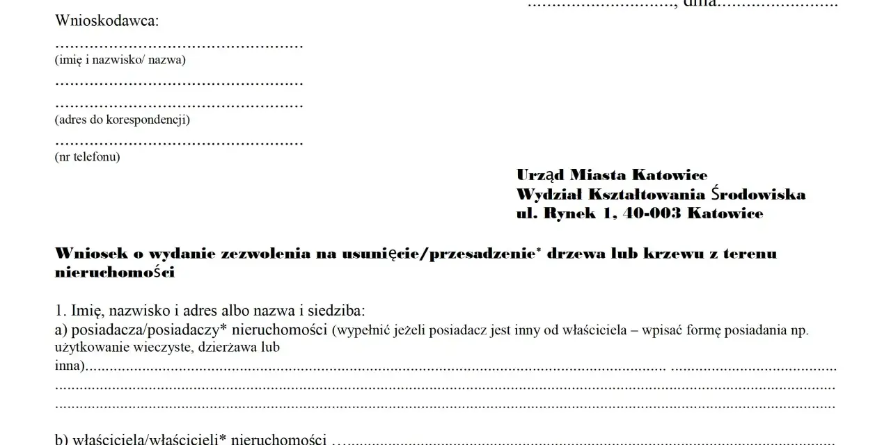 Formularz wniosku o zezwolenie na usunięcie drzewa/krzewu. Sekcja "jak umotywować wniosek o wycięcie drzewa" jest kluczowa.