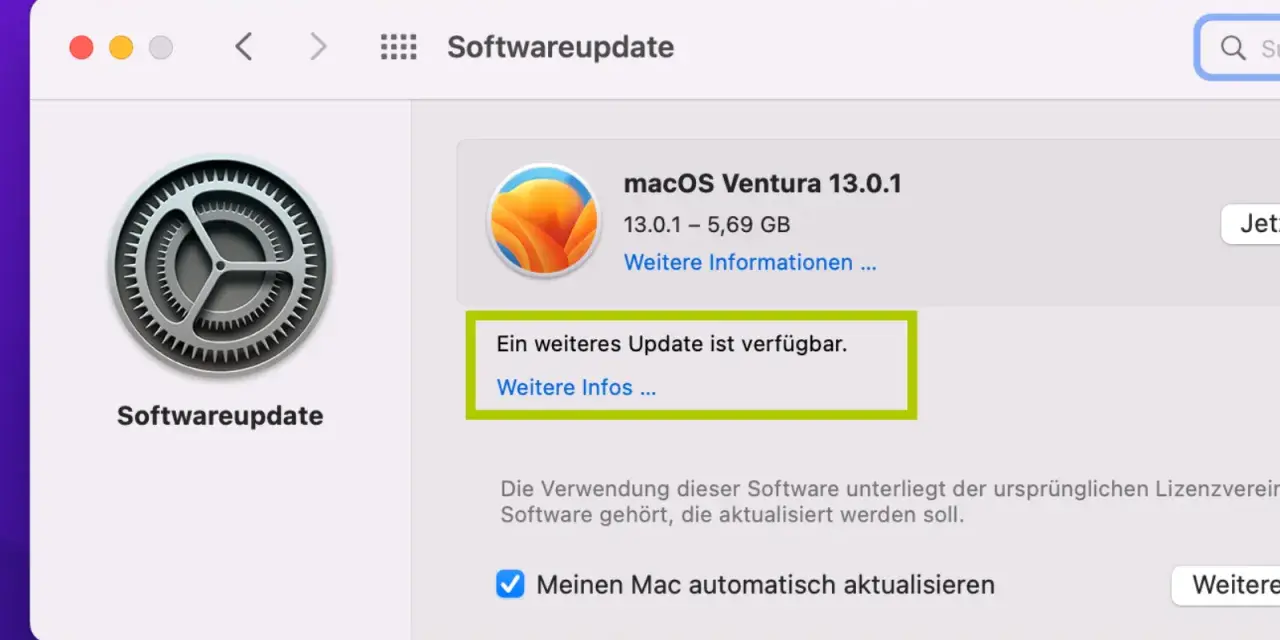 macOS Ventura Softwareupdate zeigt an, dass ein weiteres Update verfügbar ist.