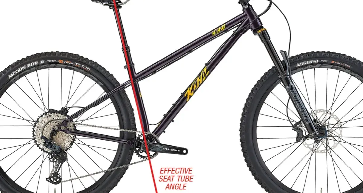 Diagram showing a purple Kona MTB, highlighting the effective seat tube angle with a red line and arc labeled "A".