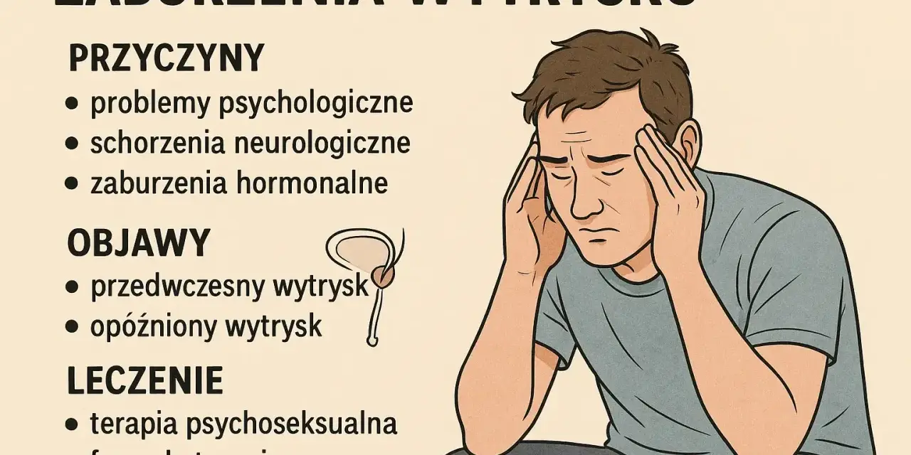 Ilustracja przedstawia mężczyznę z problemami z wytryskiem, z dłońmi na skroniach, symbolizującymi stres i ból. Wymienione są przyczyny, objawy i leczenie.