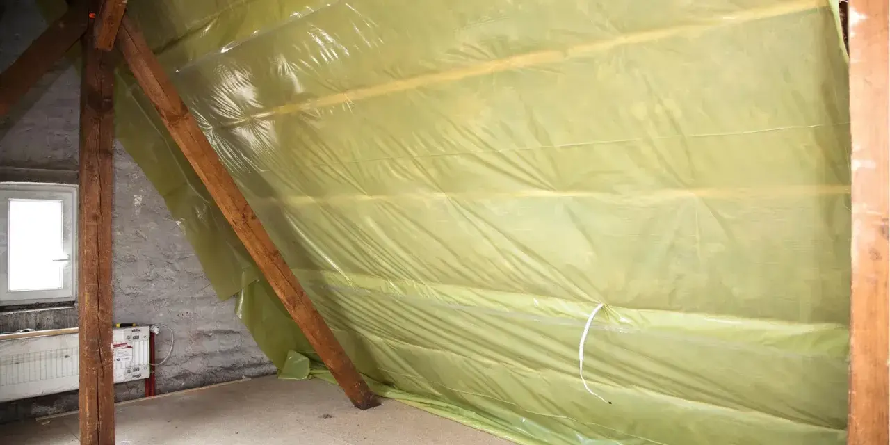 Na poddaszu rozłożona folia paroizolacyjna na drewnianych belkach, chroniąca przed wilgocią.