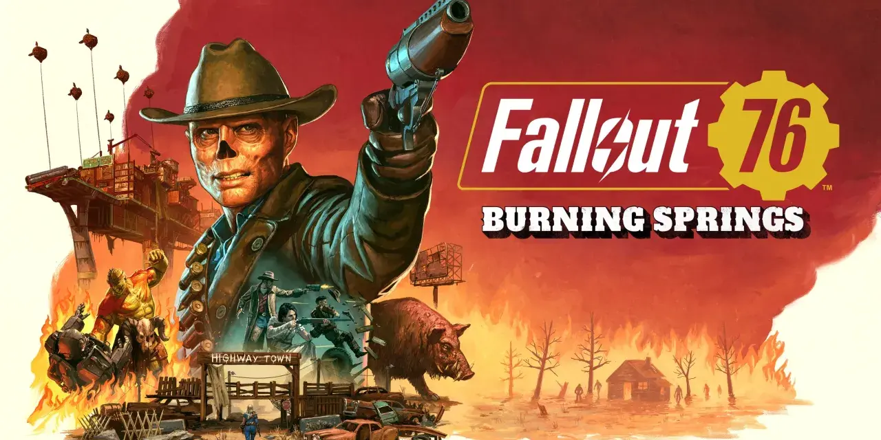 Un hombre con sombrero de vaquero apunta un arma. Escena de acción de Fallout 76: Burning Springs, con mutantes, un jabalí y un pueblo en llamas. ¡Excelentes consejos para sobrevivir!