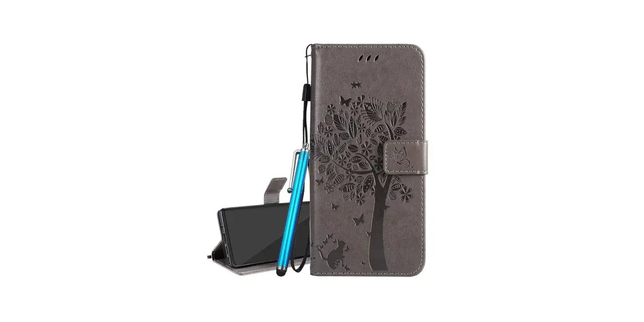 Szare etui na telefon Motorola E6S z motywem drzewa i motyli. W zestawie niebieski rysik.
