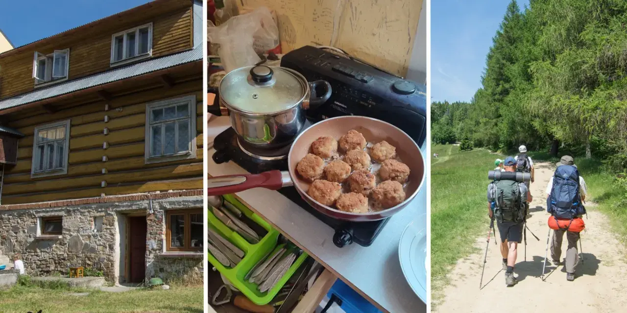 Drewniany dom, smażone kotlety i grupa turystów na szlaku. To wszystko tworzy obraz przytulnego schroniska turystycznego.