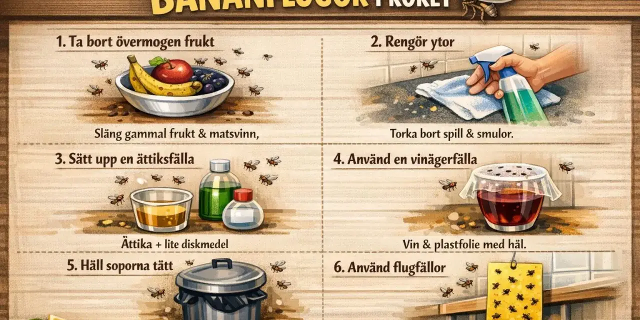 Effektiva tips för att bli av med bananflugor i köket: ta bort övermogen frukt, rengör ytor, sätt upp fällor med ättika eller vin. Töm soporna.