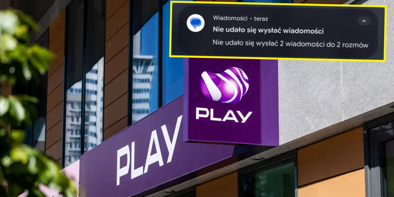 Awaria internetu Play. Komunikat o błędzie wysyłania wiadomości na tle logo operatora.