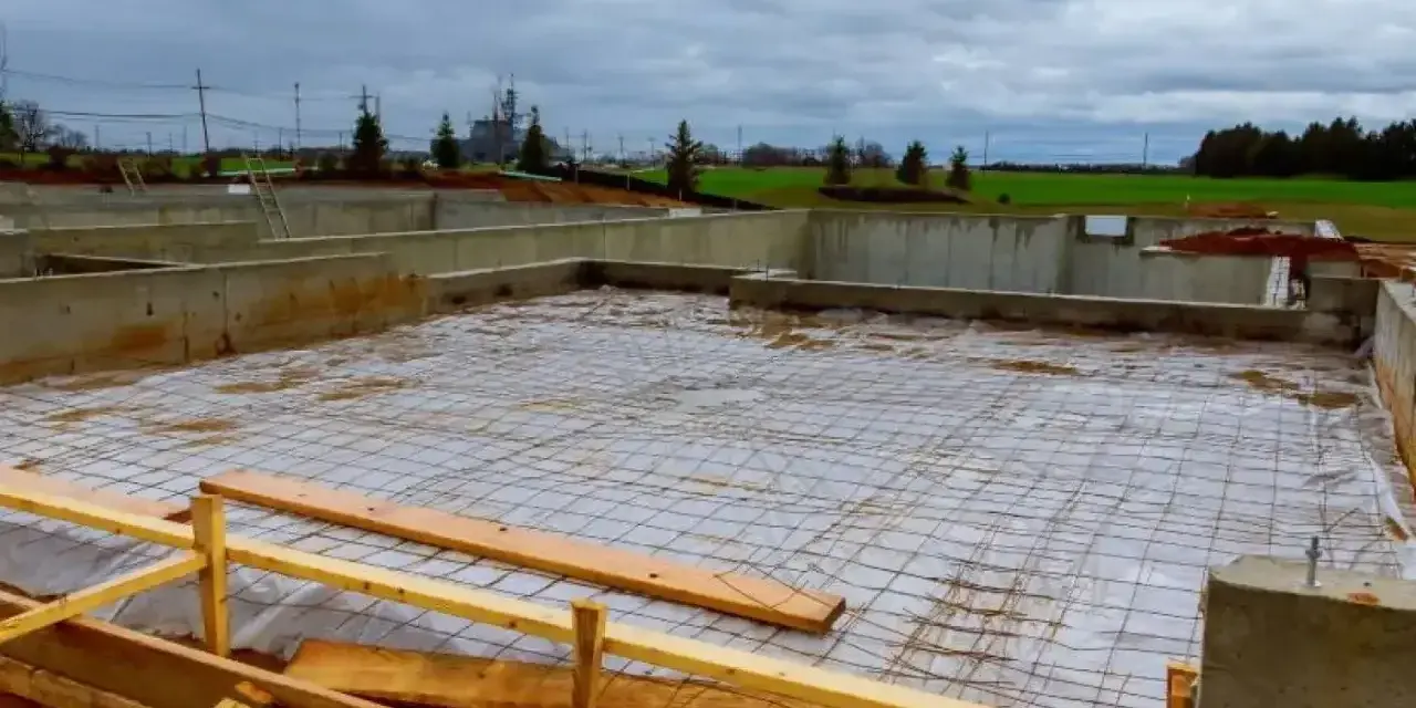 Fundament budowlany z zbrojeniem, przygotowany pod wylanie betonu. Widać betonowe ściany fundamentowe i siatkę stalową na podłożu.