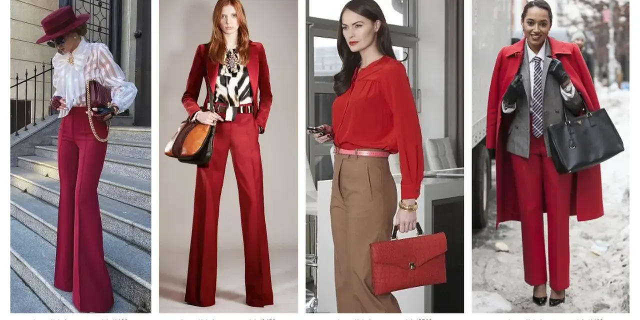 Kobiety w eleganckich stylizacjach, dominują odcienie czerwieni. Szerokie spodnie, garnitury i płaszcze tworzą wyraziste, modne zestawy.