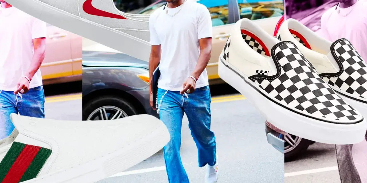 Scarpe senza lacci uomo come si chiamano? Ecco alcuni modelli: slip-on Nike, Vans a scacchi e Gucci con strisce.