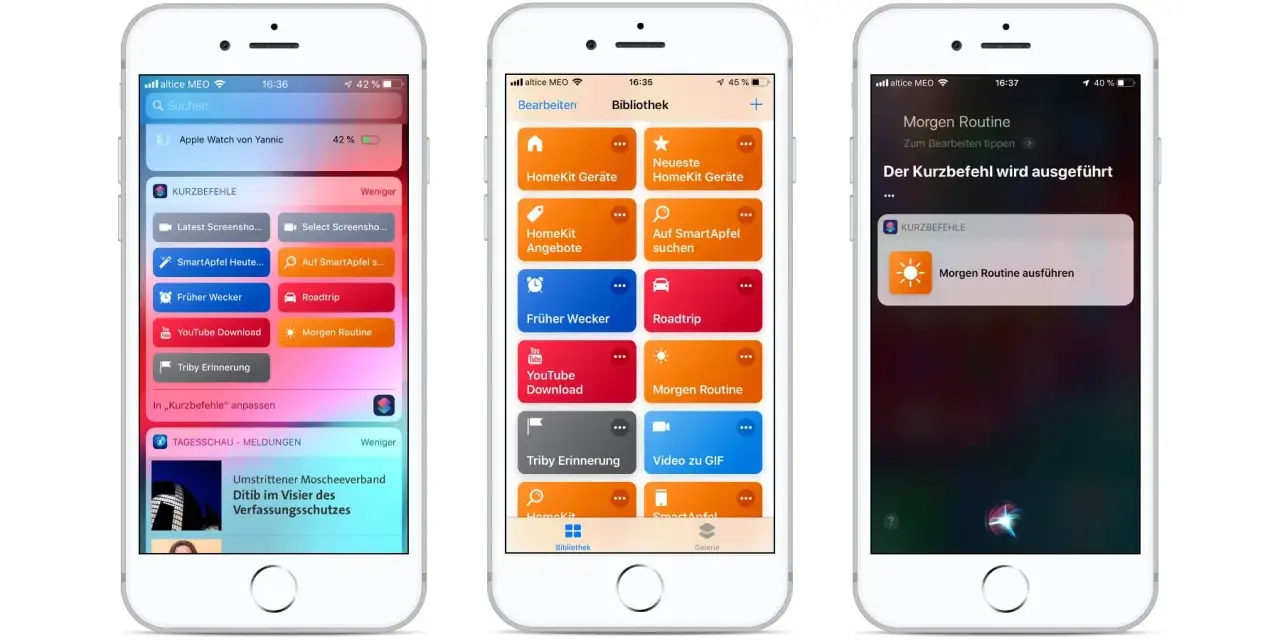 Drei iPhones zeigen die App "Kurzbefehle" mit verschiedenen Routinen wie "Morgen Routine" und "Roadtrip".