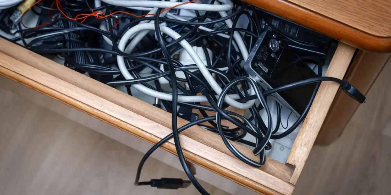 Szuflada pełna plątaniny kabli, ładowarek i urządzeń elektronicznych.