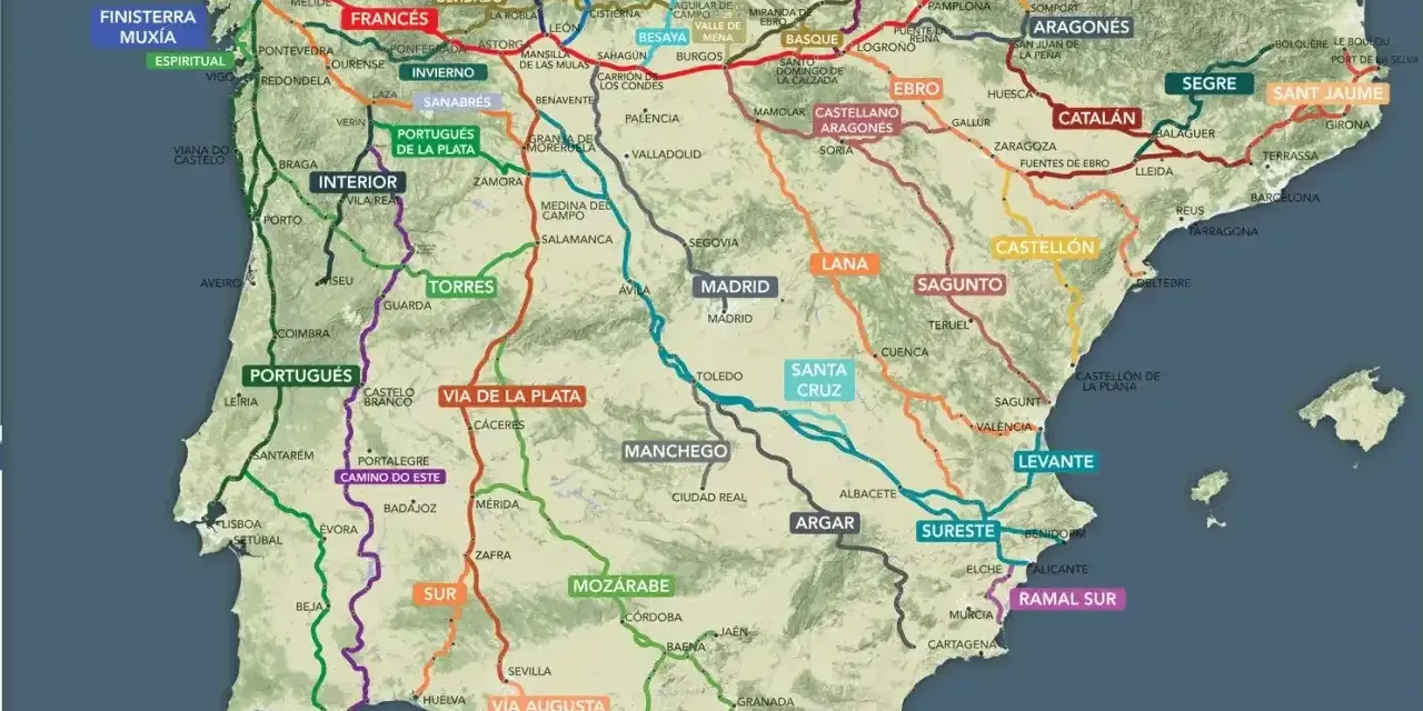 Mapa szlaków pielgrzymkowych do Santiago de Compostela. Widać szlaki: Francuski, Portugalski, Via de la Plata, Camino del Norte i inne.