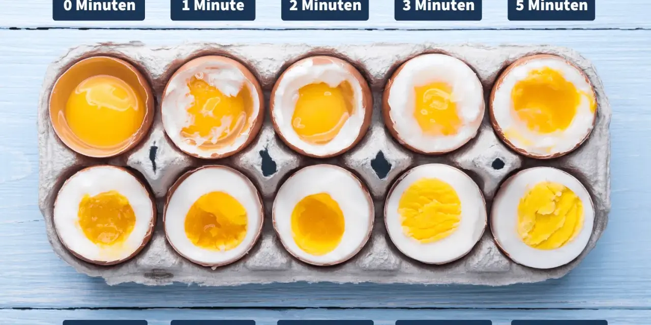 Eier kochen im Topf: rohe Eier bis zu perfekt gekochte Eier nach 15 Minuten. Die verschiedenen Garzeiten zeigen, wie sich das Eiweiß und Eigelb verändern.