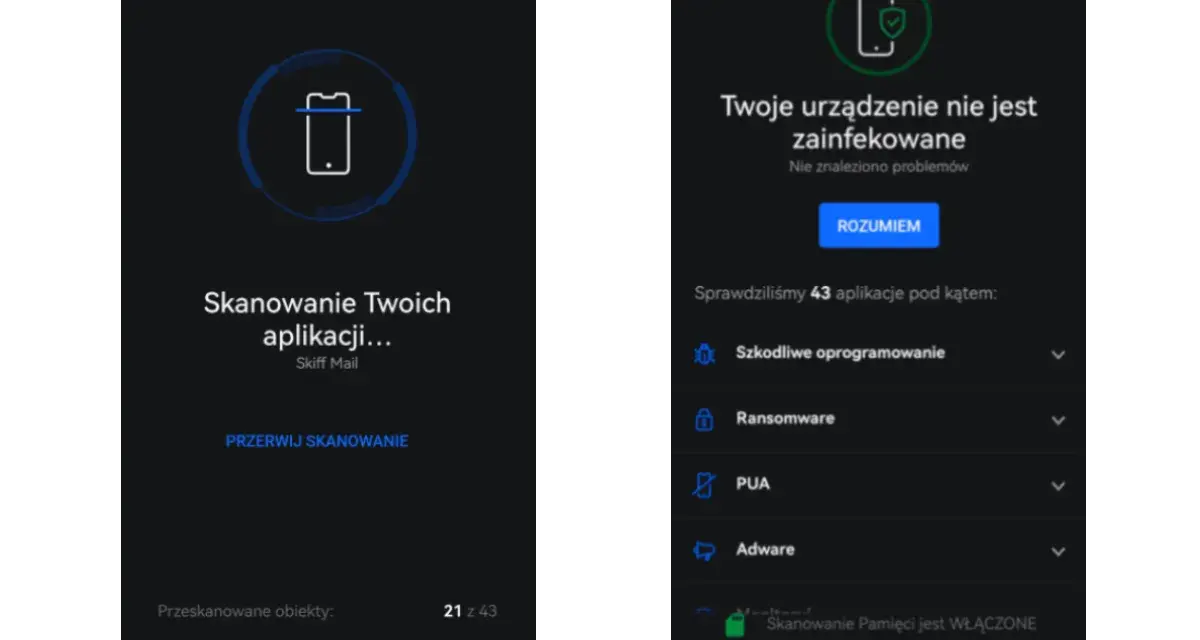 Aplikacja pokazuje, jak usunąć wirusa z telefonu. Urządzenie jest czyste, przeskanowano 43 aplikacje.