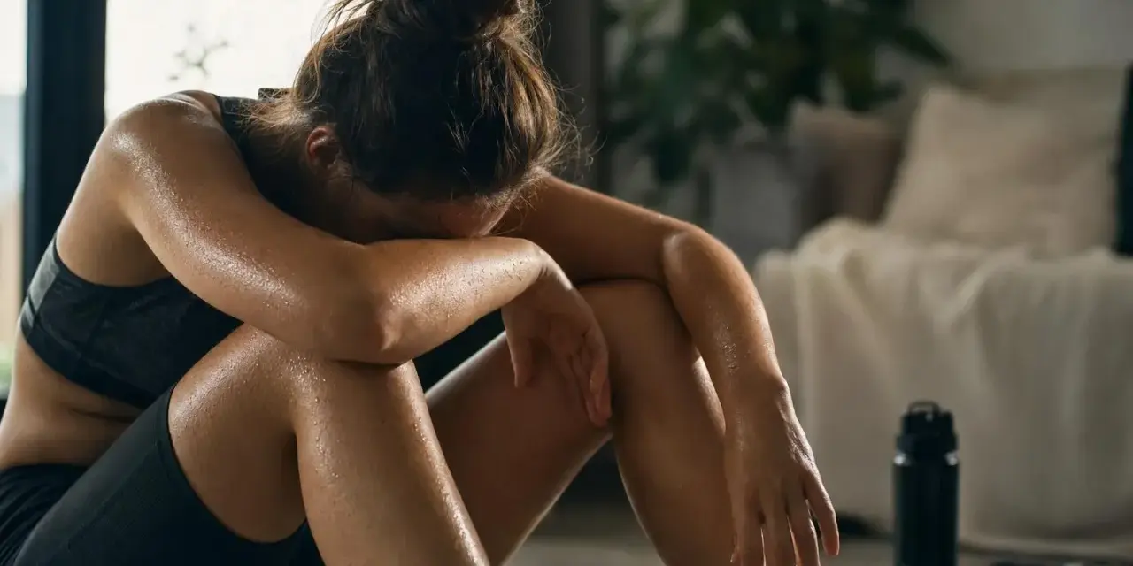 Donna esausta dopo l'allenamento, con gocce di sudore sulla pelle. Potrebbe aver bisogno di rimedi per l'overtraining.