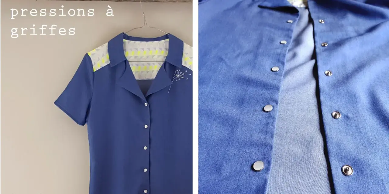 Chemise bleue à boutonnage femme, avec des pressions à griffes et un motif de pissenlit brodé.
