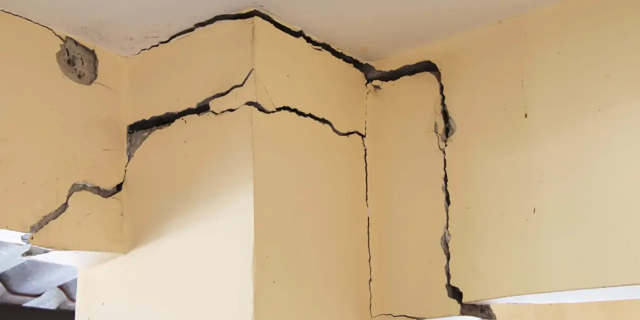 Détail d'une **micro fissure maison** sur un coin de mur en béton, révélant la structure interne.
