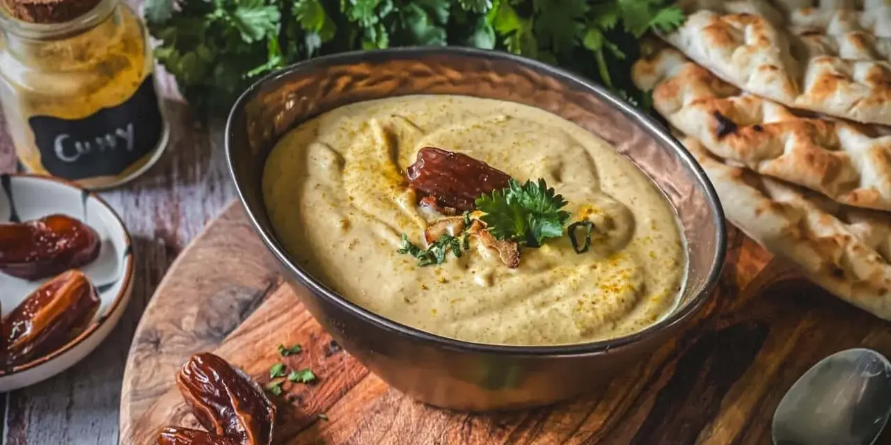 Cremiges Hummus mit Datteln und Curry, perfekt als Dips zum Grillen. Dazu Fladenbrot und frische Kräuter.