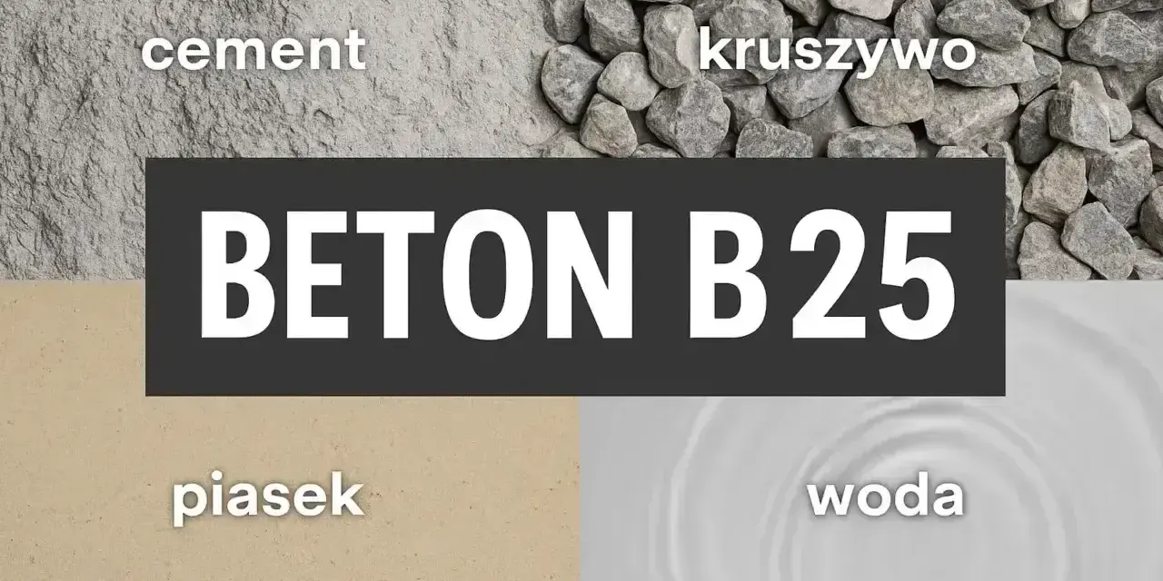 Składniki betonu B25: cement, kruszywo, piasek i woda. Kluczowe są odpowiednie proporcje cementu i piasku.