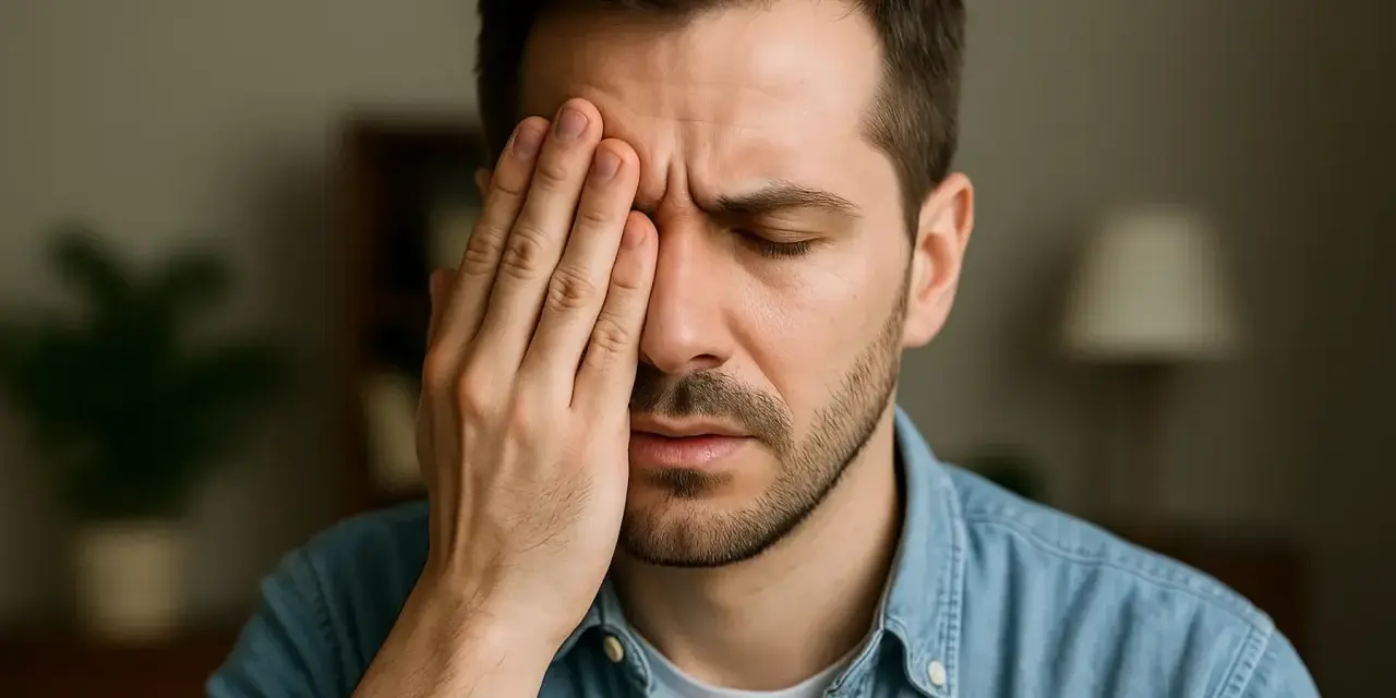 Uomo con mano sull'occhio, forse a causa di uno scotoma anulare.