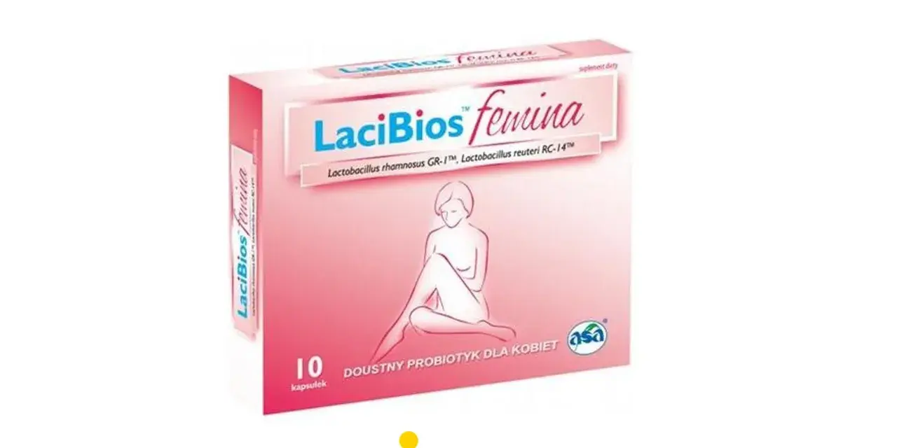 Opakowanie LaciBios femina, doustny probiotyk dla kobiet, zawiera 10 kapsułek. Wspiera zdrowie intymne.
