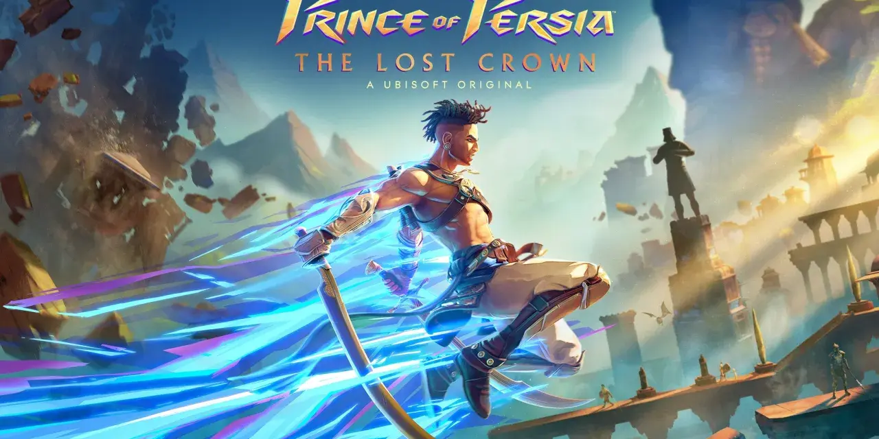 El Príncipe de Persia, Sargon, salta con su espada, dejando estelas de energía. ¡Atrévete a conseguir todos los trofeos de Prince of Persia The Lost Crown!