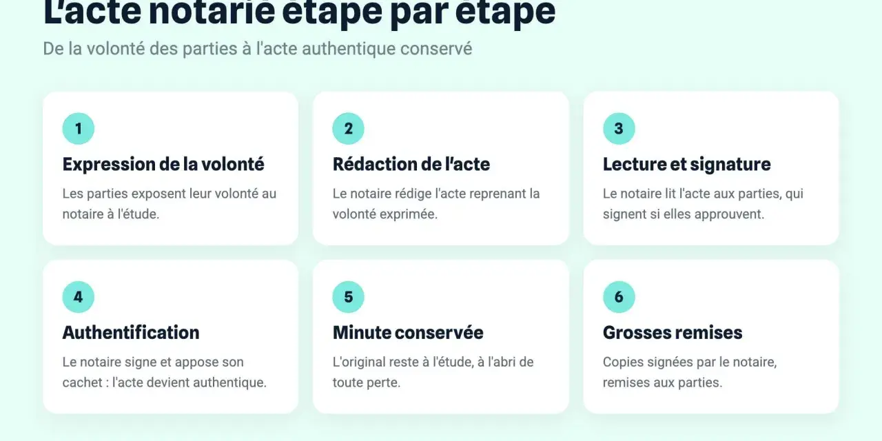 Schéma expliquant les étapes pour retrouver un acte notarié en ligne : expression de la volonté, rédaction, lecture, signature, authentification, minute conservée et grosses remises.