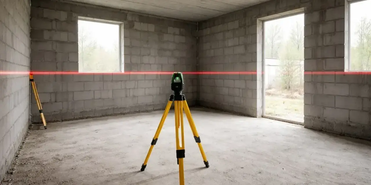 Laser krzyżowy na statywie wyznacza linię na ścianach z bloczków. Czy najpierw tynki czy wylewki? To pytanie, na które odpowiedź pomoże wyznaczyć ten laser.