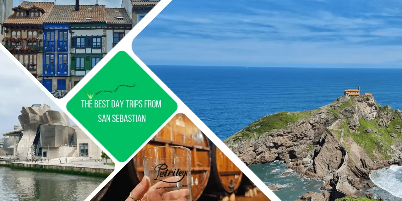 Collage showcasing colorful buildings, the Guggenheim Museum, a beer tasting, and a dramatic coastal church, highlighting the best day trips from San Sebastian.