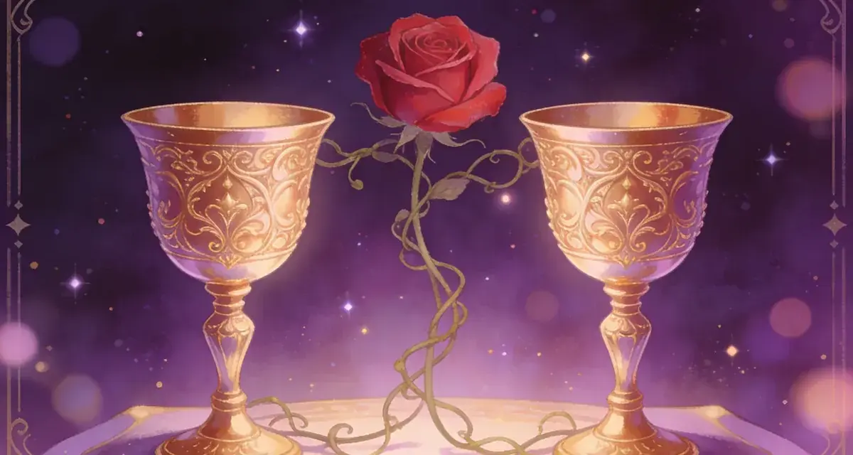 Dwa złote kielichy tarot, połączone pnączem z czerwoną różą, na tle gwieździstego, fioletowego nieba.