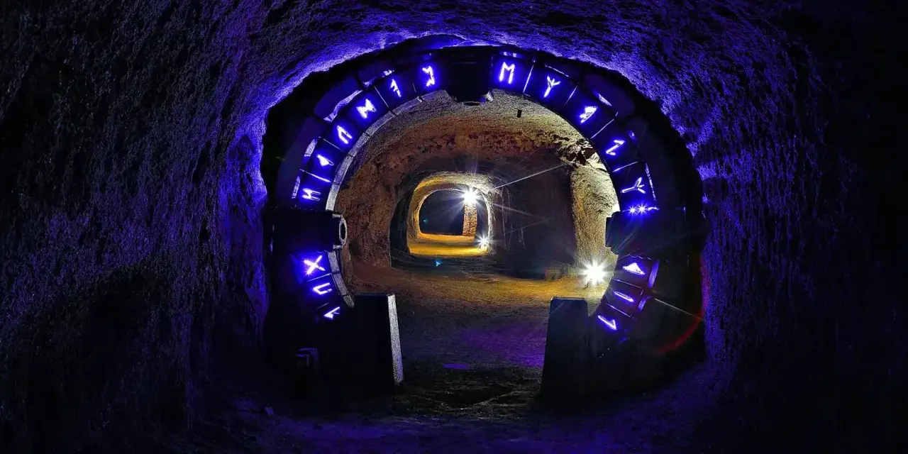 Jelenia Góra bramy czasu, kamienny tunel z niebieskimi runami i światłami, prowadzący w głąb ziemi.