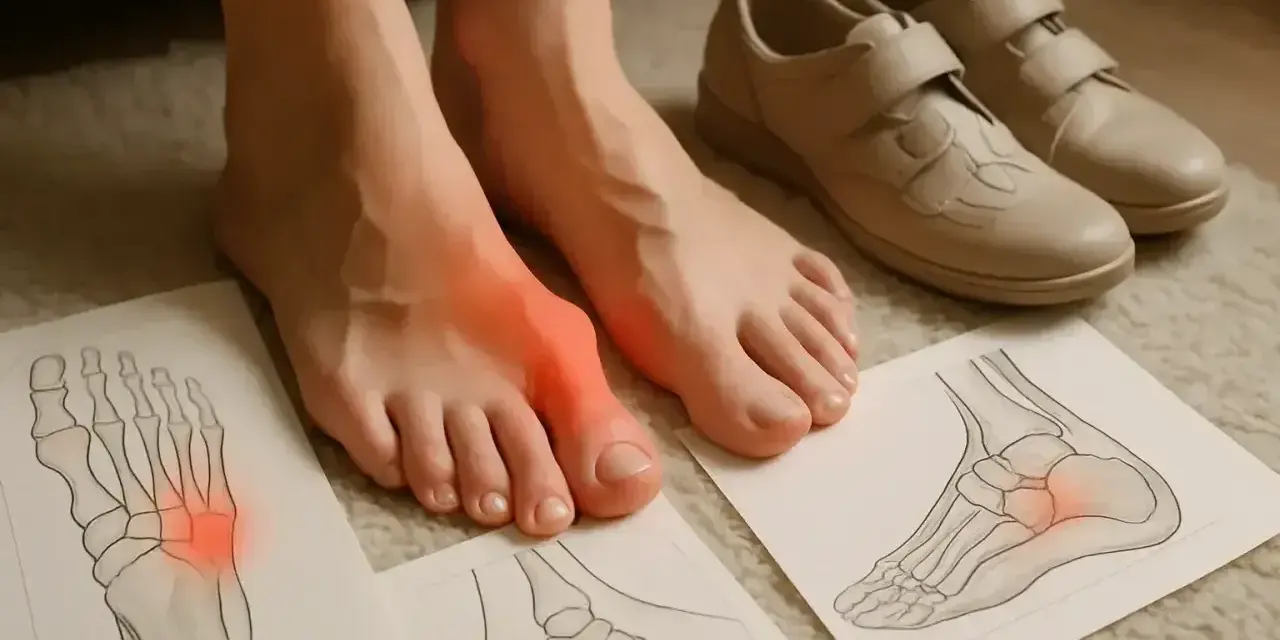 Ból stopy z zapaloną kością śródstopia. Obok rysunki anatomiczne i wygodne buty.