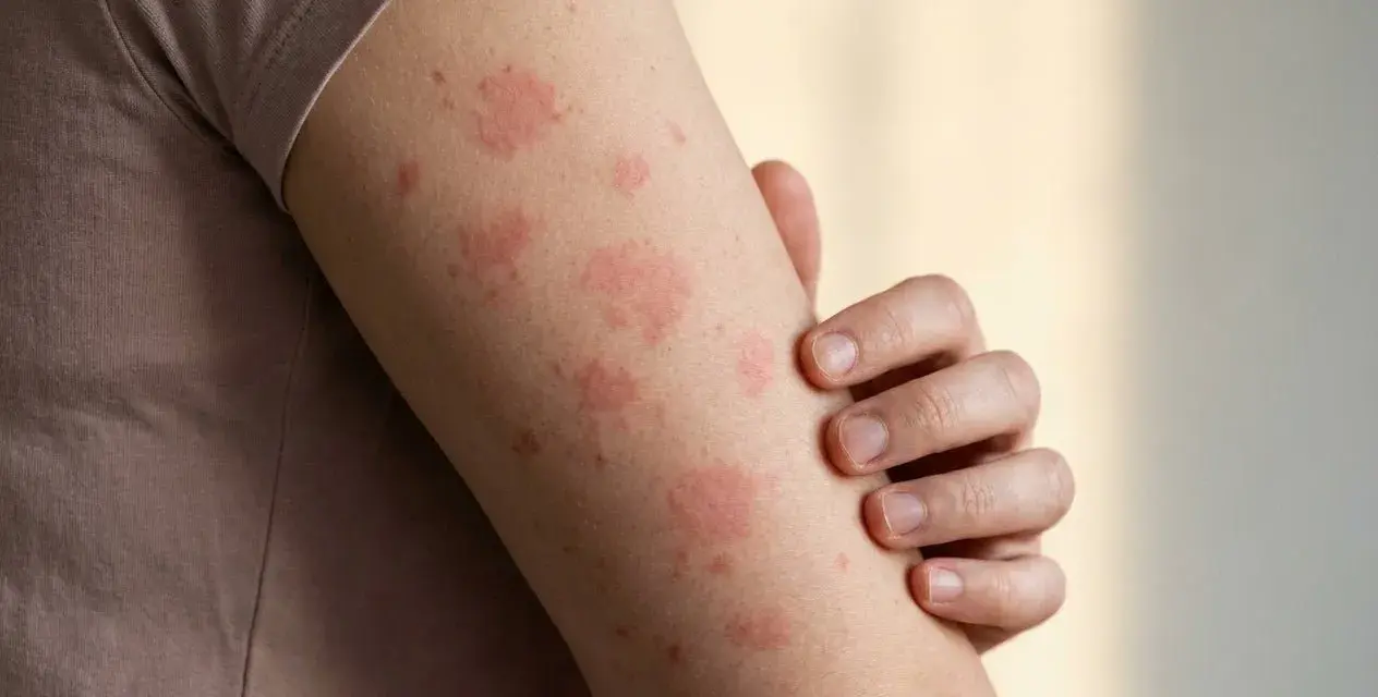 Arm mit roten Flecken auf der Haut, die auf eine allergische Reaktion oder Hautirritation hindeuten.