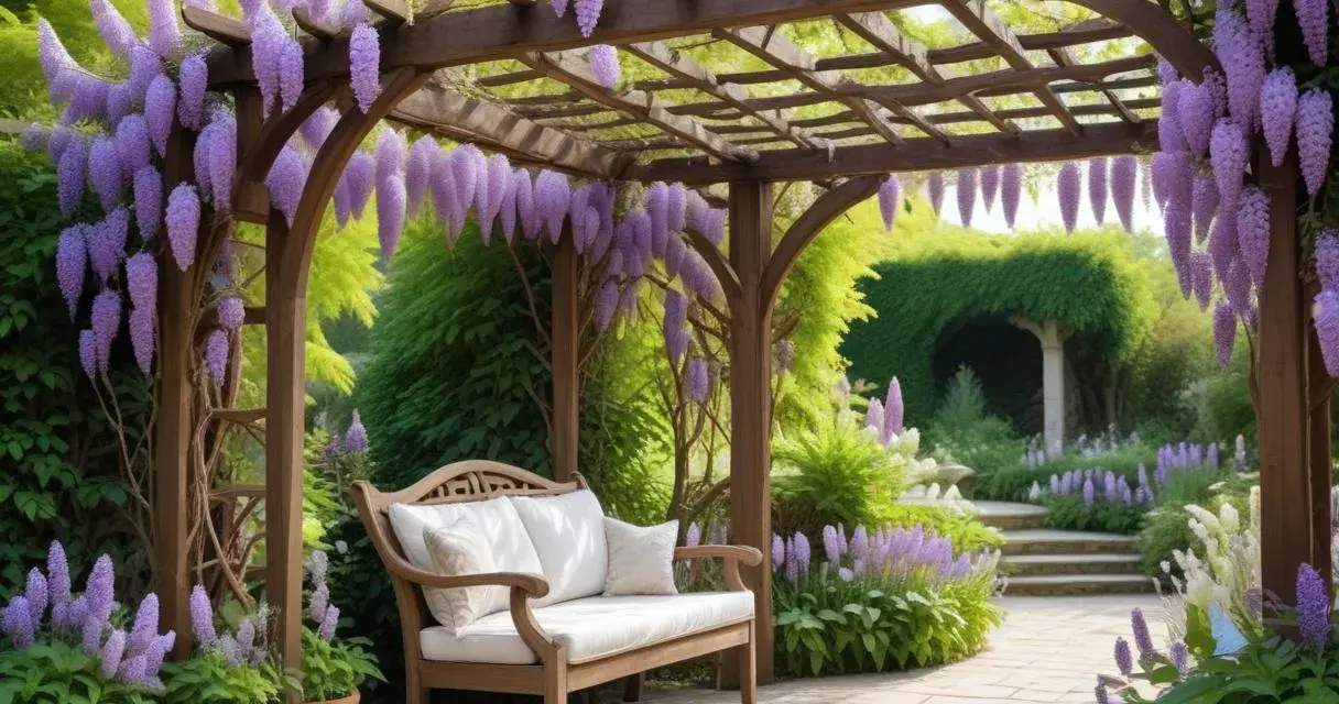 En vacker blåregn pergola med en träbänk under, omgiven av lila blommor och grönska. En idyllisk plats för avkoppling.
