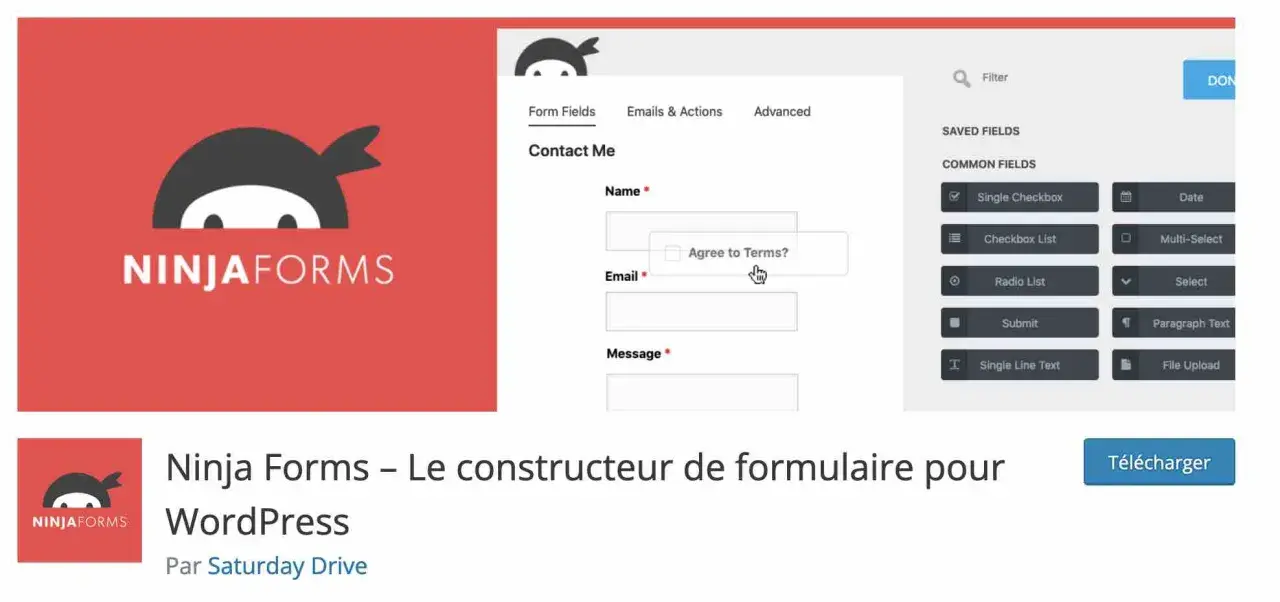 Le logo Ninja Forms, un constructeur de formulaires pour WordPress, avec un aperçu de l'interface de création de formulaires.