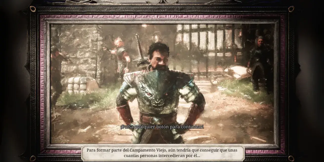 Un guerrero con armadura de bestia, en un estilo de gothic remake, posa ante un campamento.